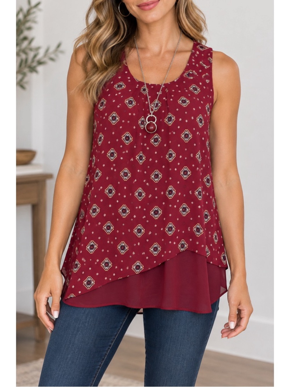 Pink Rose Burgundy Geometric Print Sleeveless Top, size Medium